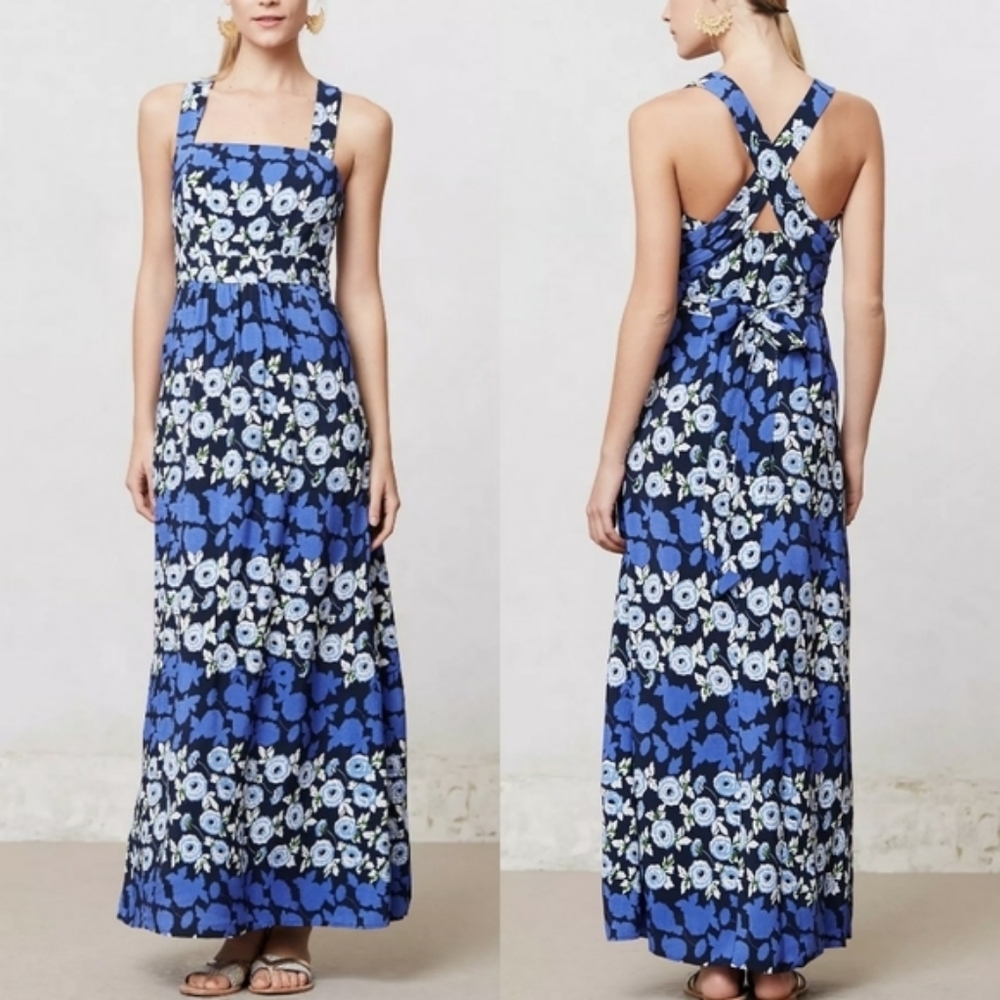ANTHRO MAEVE Floral Blue Square Neck Maxi Dress 2 - Picture 1 of 11